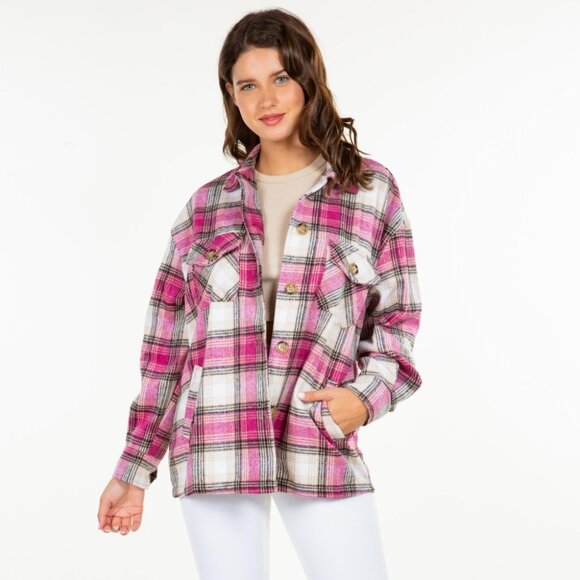 Soft Knit Oversized Button Down 4 Pocket Shacket Plaid Flannel Pink - Picture 1 of 7